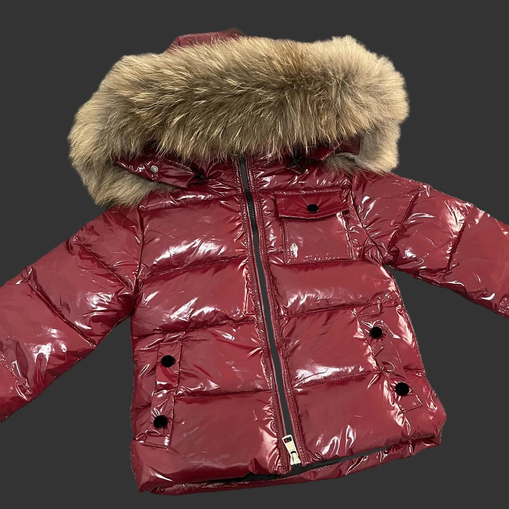 Winter Coat Red High Gloss finish Natural Racoon fur Hood