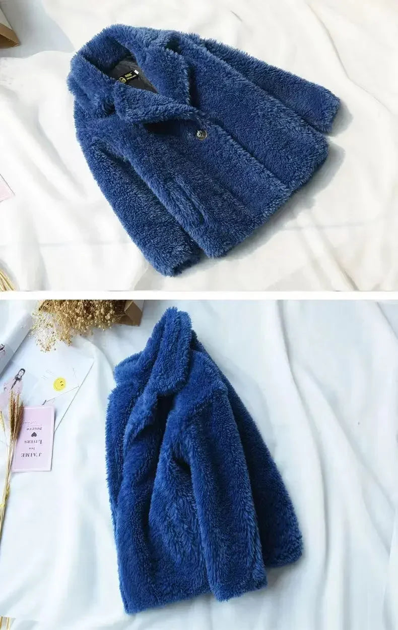 Girls Faux Fur Long Coat Navy Blue