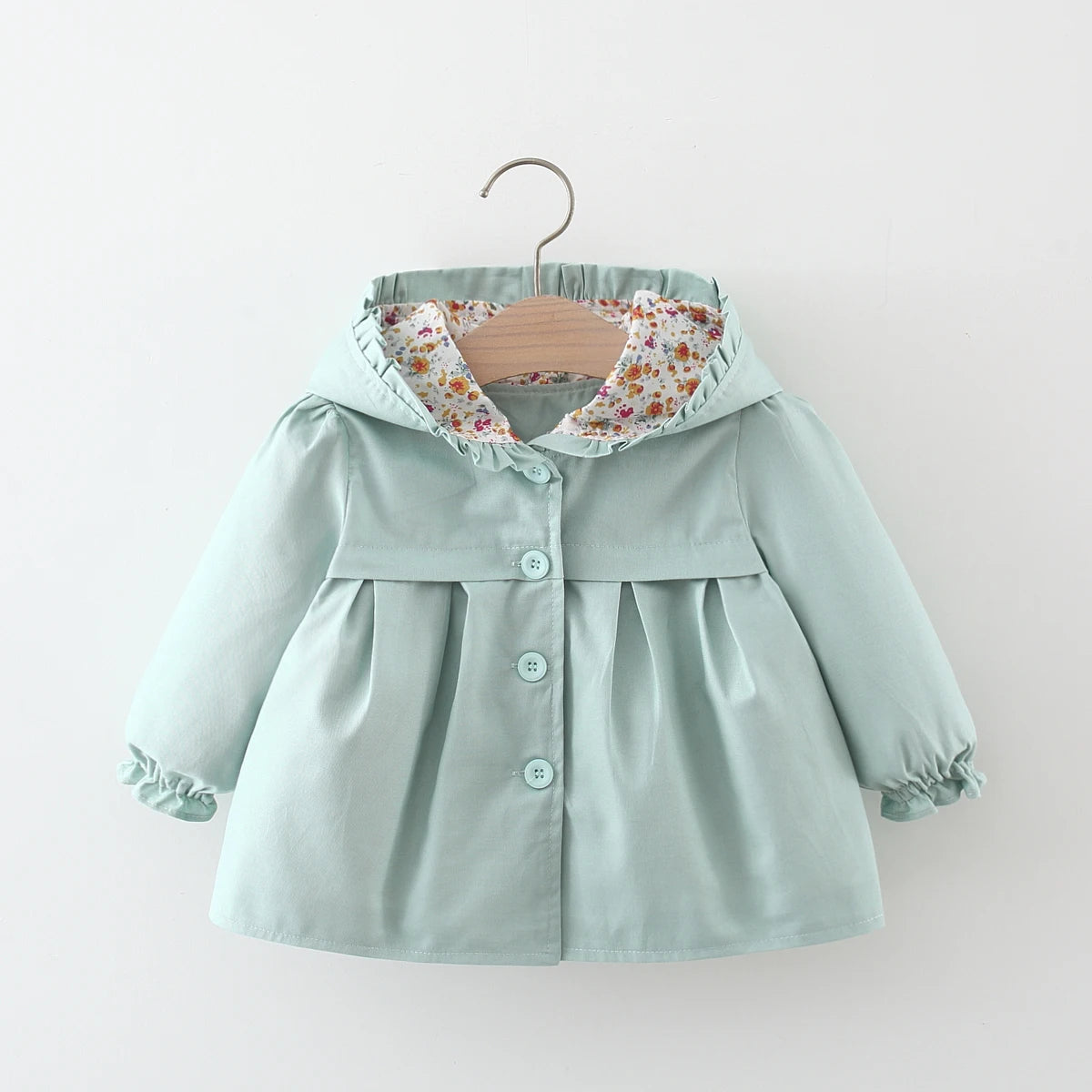 Light blue baby hooded jacket with floral-lined hood, snap-button front and gathered sleeves