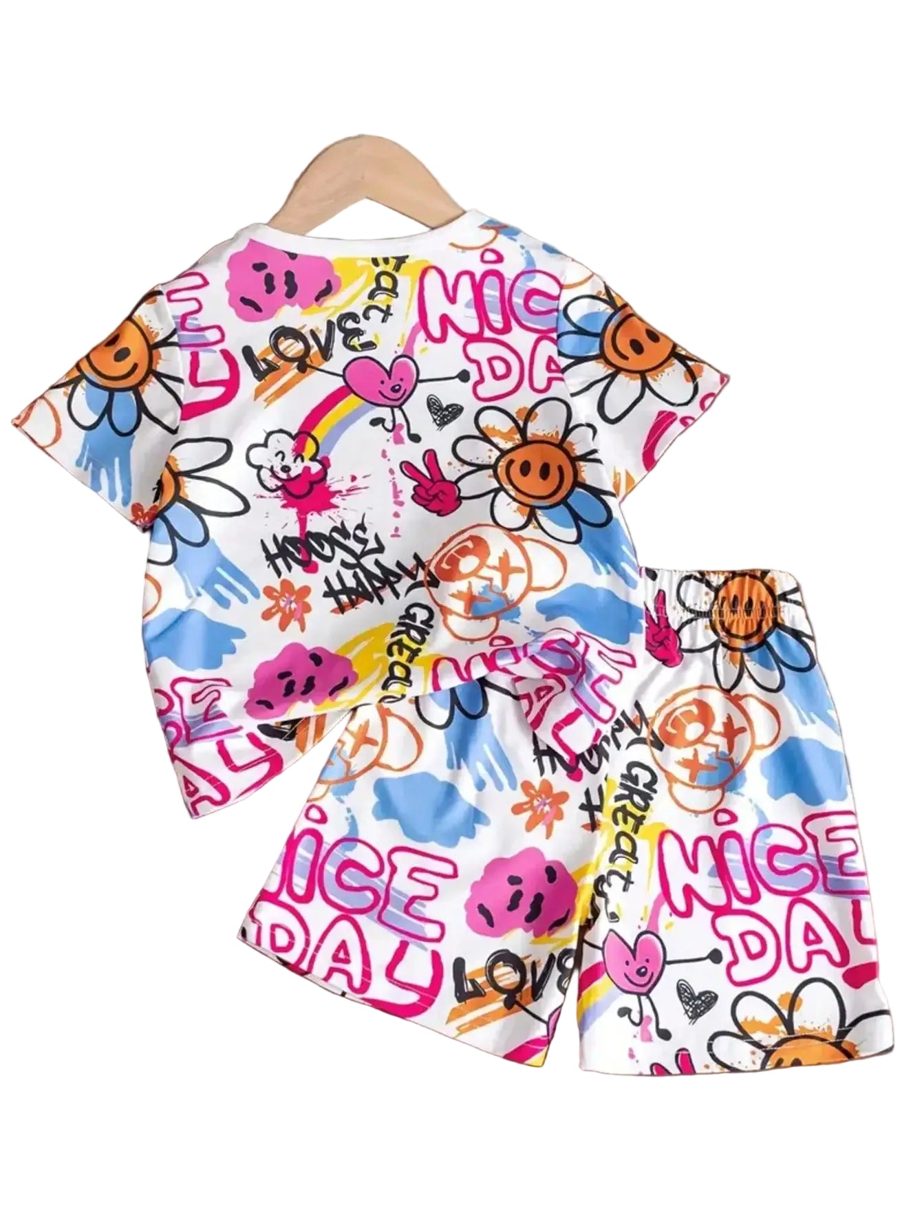 Kids graphic T-shirt and shorts set with bow-tied back, white and colorful print
