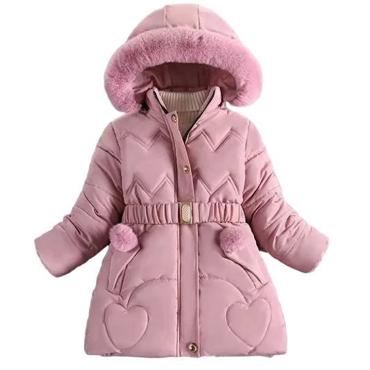Girls pink hooded puffer coat with faux fur pom, belt, and heart appliques