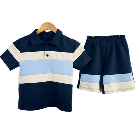 Boys Navy Polo Striped Shorts Set 2-12 years