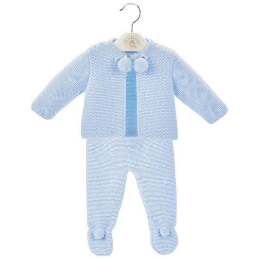 Kids light-blue pom-pom jacket and pants set with pom trim at collar and cuffs