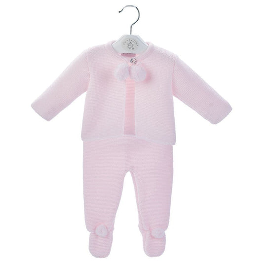 Kids pink knit two-piece outfit: button-front jacket with pom accents, footed pants