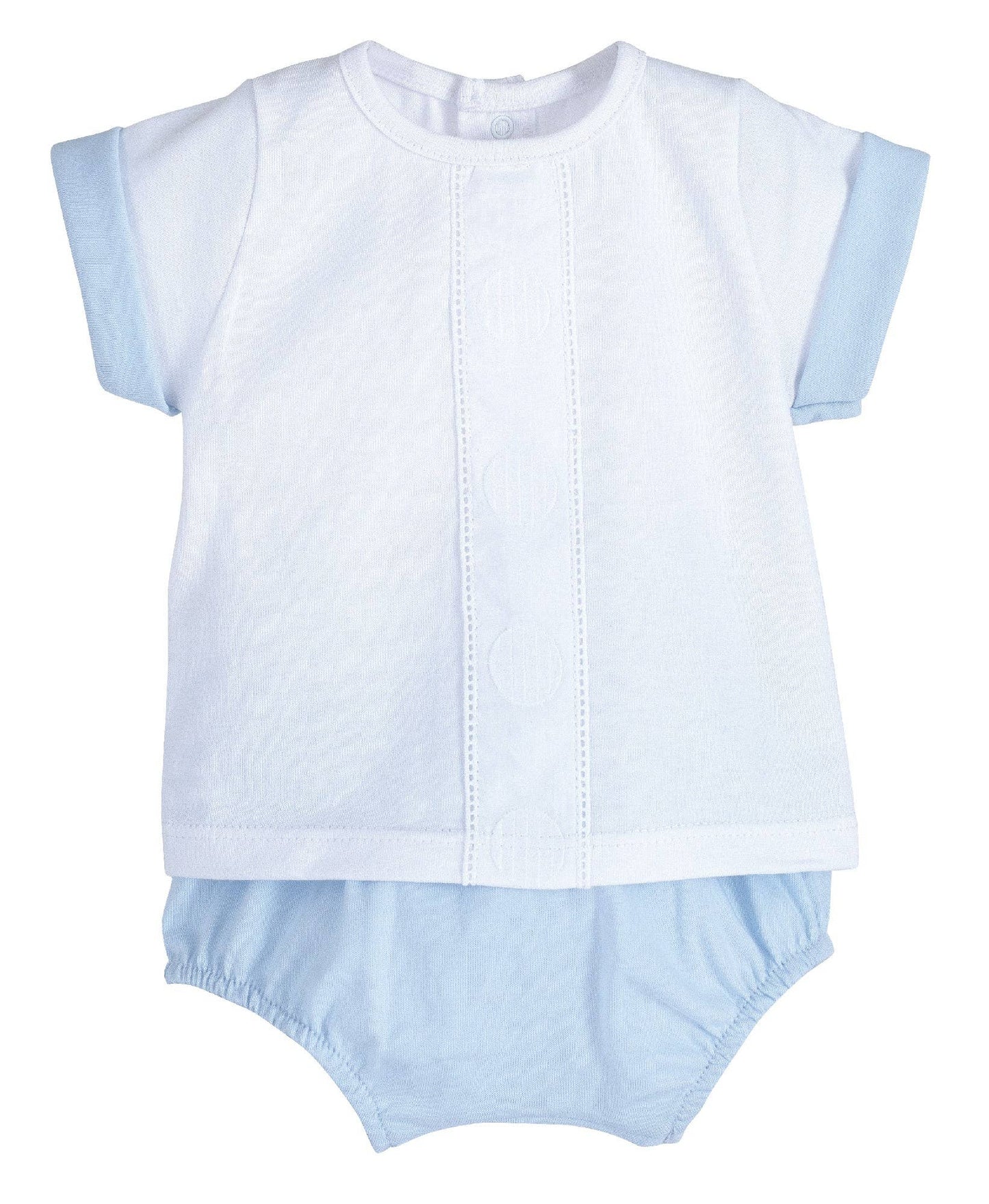 Light blue baby boy pololo set: short-sleeve shirt with button placket and bloomer