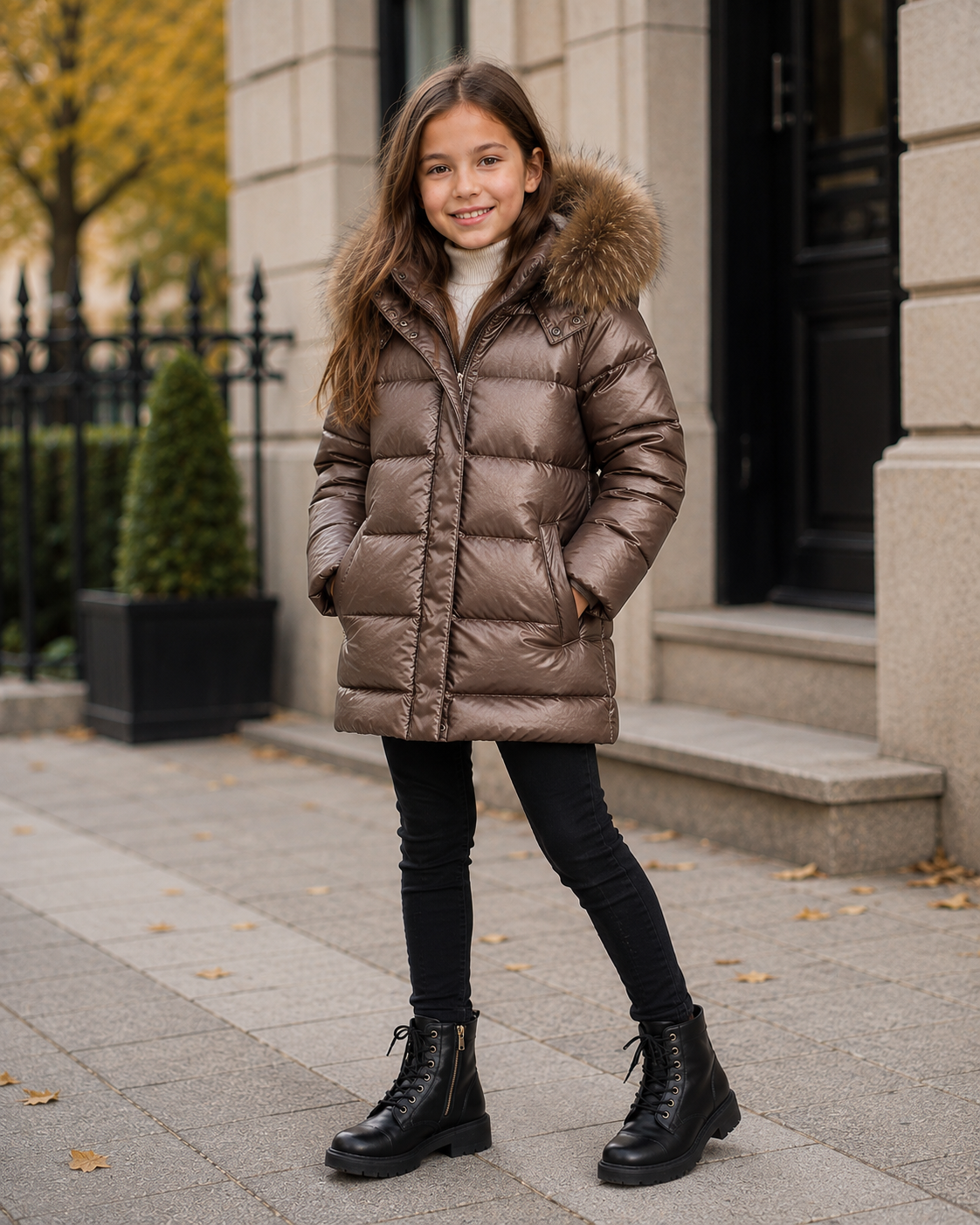 Girls Luxury 90% Duck Down Long Puffer Coat with Fur Hood | Brown/Natural | 2–12 Years