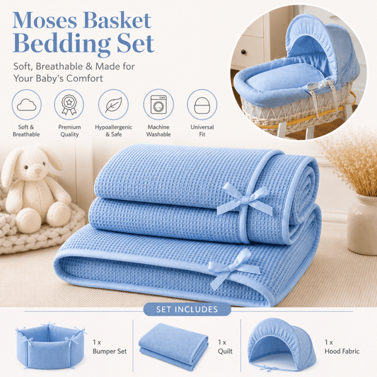 Light blue moses basket bedding set: rolled quilt, fitted bumper, and hood cover