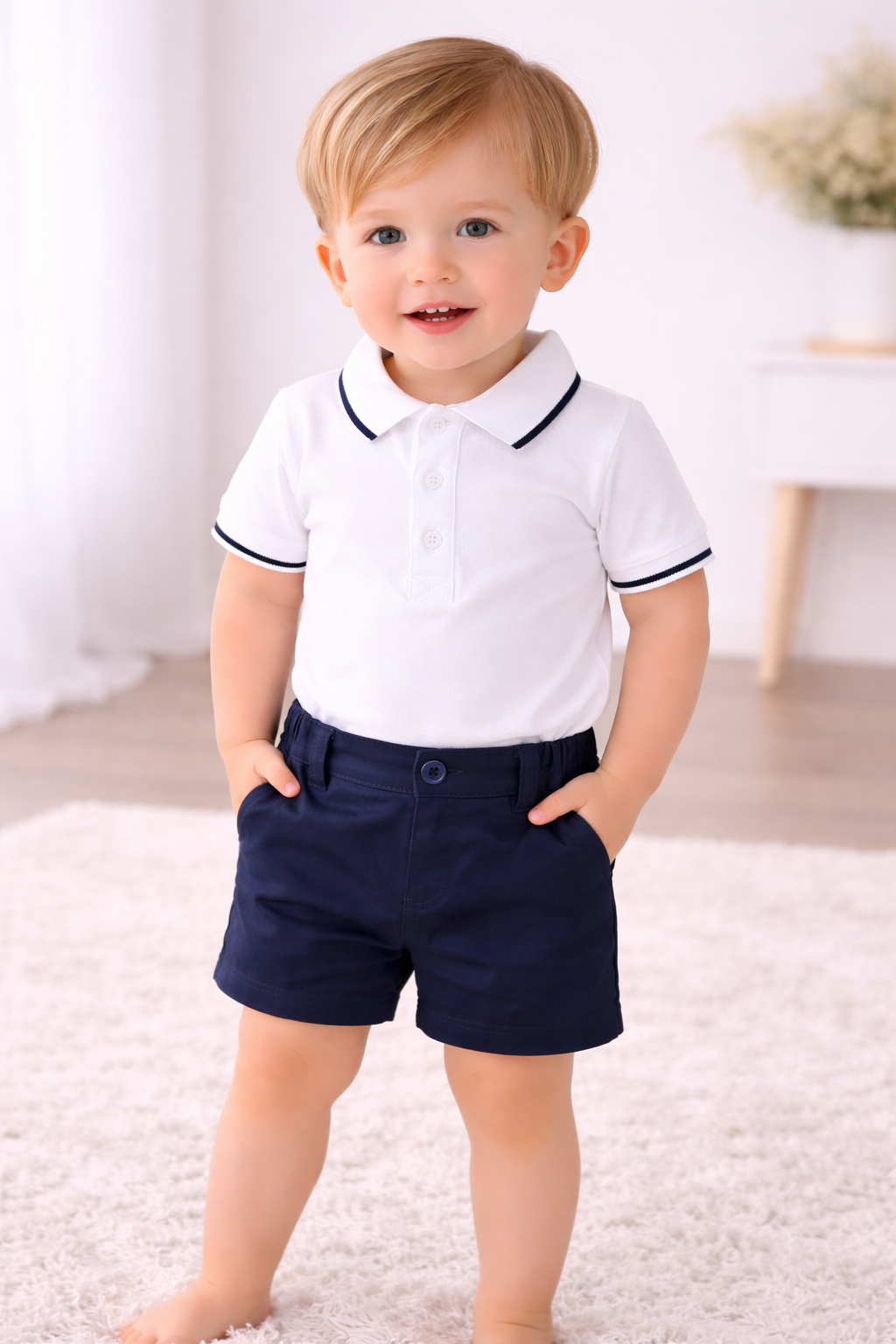 White Polo Bodysuit & Navy Shorts Set – Baby Boys (12–36 Months) *Online Product