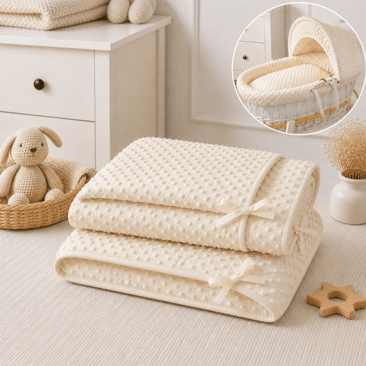 Cream moses basket quilt bedding, folded dimple fabric with ribbon ties