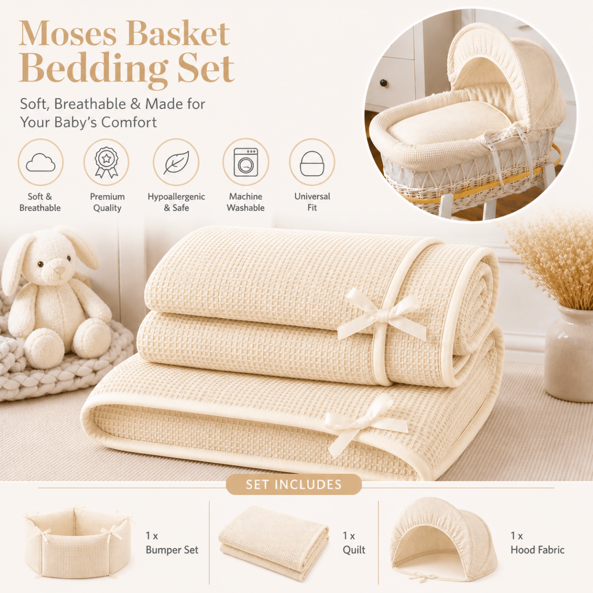 Cream waffle quilt roll with matching hood fabric, ribbon-tied