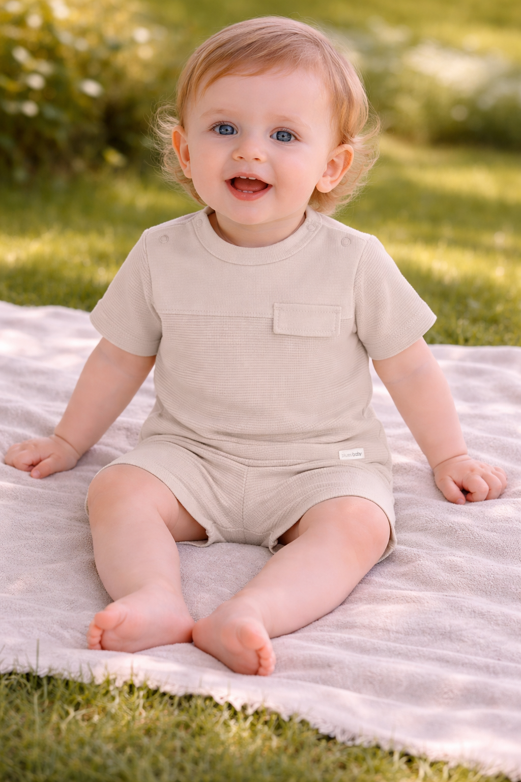 Baby in a beige outfit sitting on a blanket outdoors