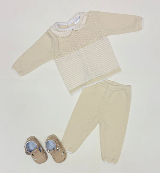 Beige knitted outfit with matching shoes on a white background