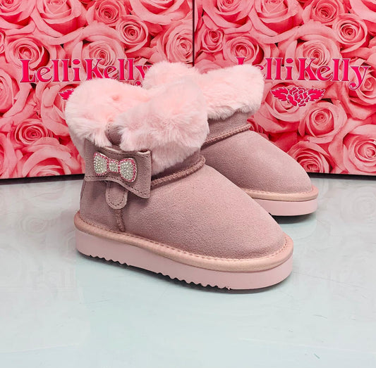 Lelli Kelly Catherine Junior Pink Suede fur lined bow boots