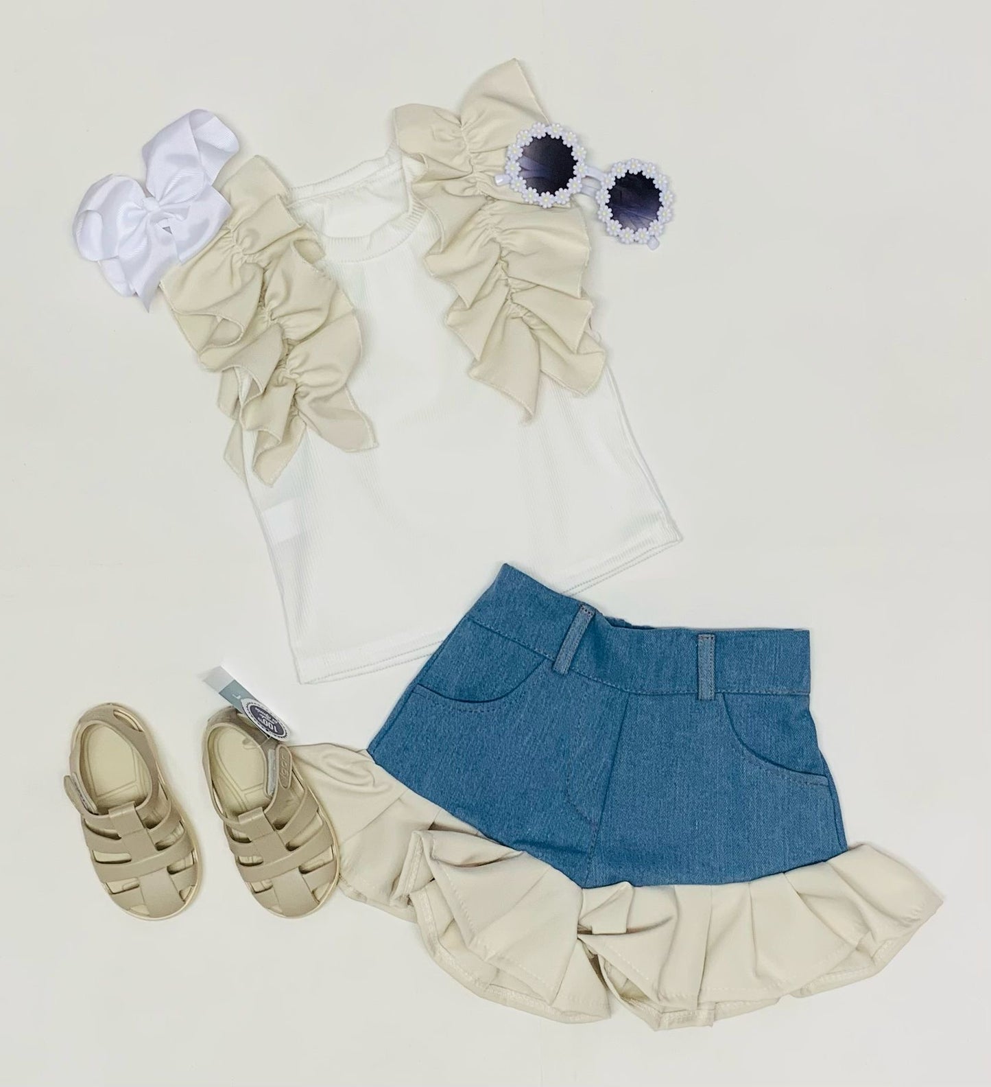 Girls Beige Frill Shorts Set