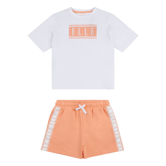 ELLE Girls Bright White and Orange Logo T Shirt and Shorts