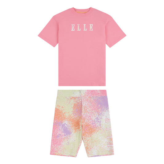 ELLE Girls Plumeria Pink Loose Fit T Shirt and Cycling Shorts Set