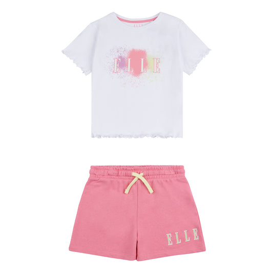 ELLE Girls White Paint Graphic Box T Shirt and Pink Shorts Set