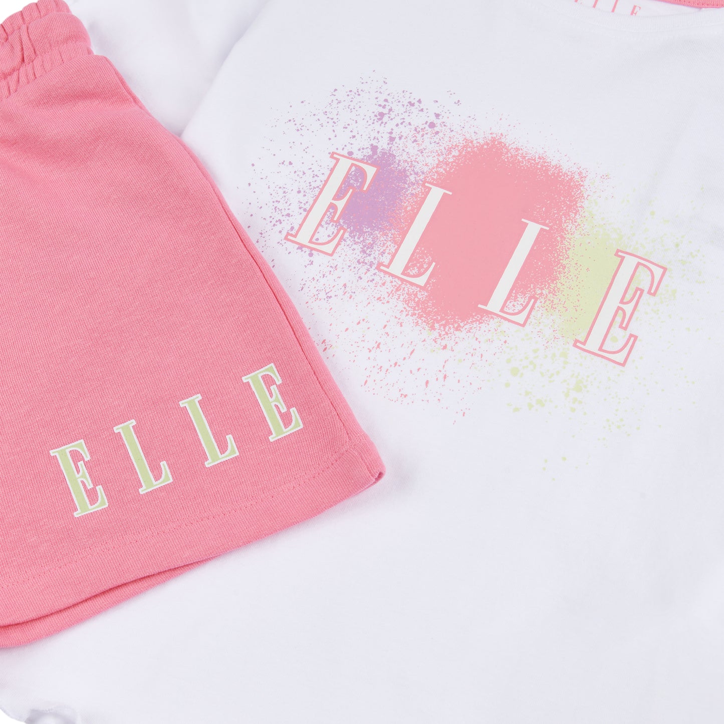 ELLE Girls White Paint Graphic Box T Shirt and Pink Shorts Set