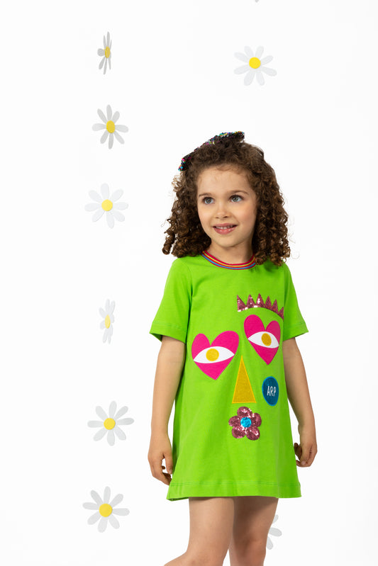 Agatha Ruiz de la Prada Girls Barcelona Green Emoji Face T shirt Dress