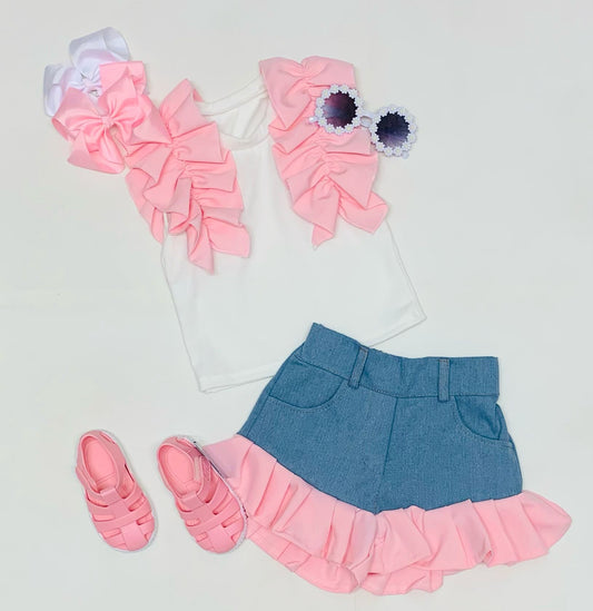 Girls Baby Pink Frill Shorts Set