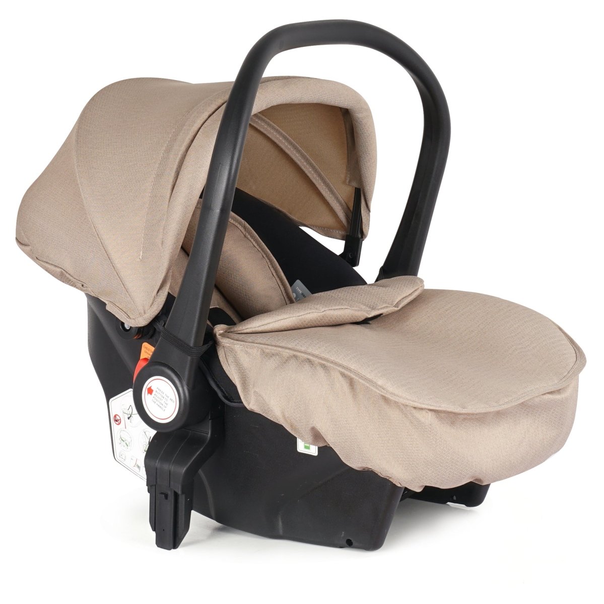 Beige infant car seat with black base and canopy, shown at a front angle