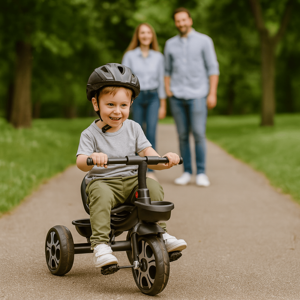Child riding black Venture trike with three wheels and front basket