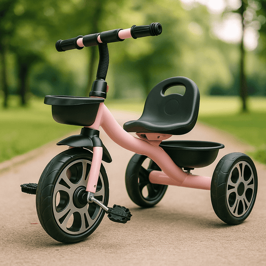 Pink Venture trike with black seat, front tray, and 3 large wheels