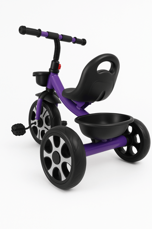 Purple tricycle with black seat and front tray