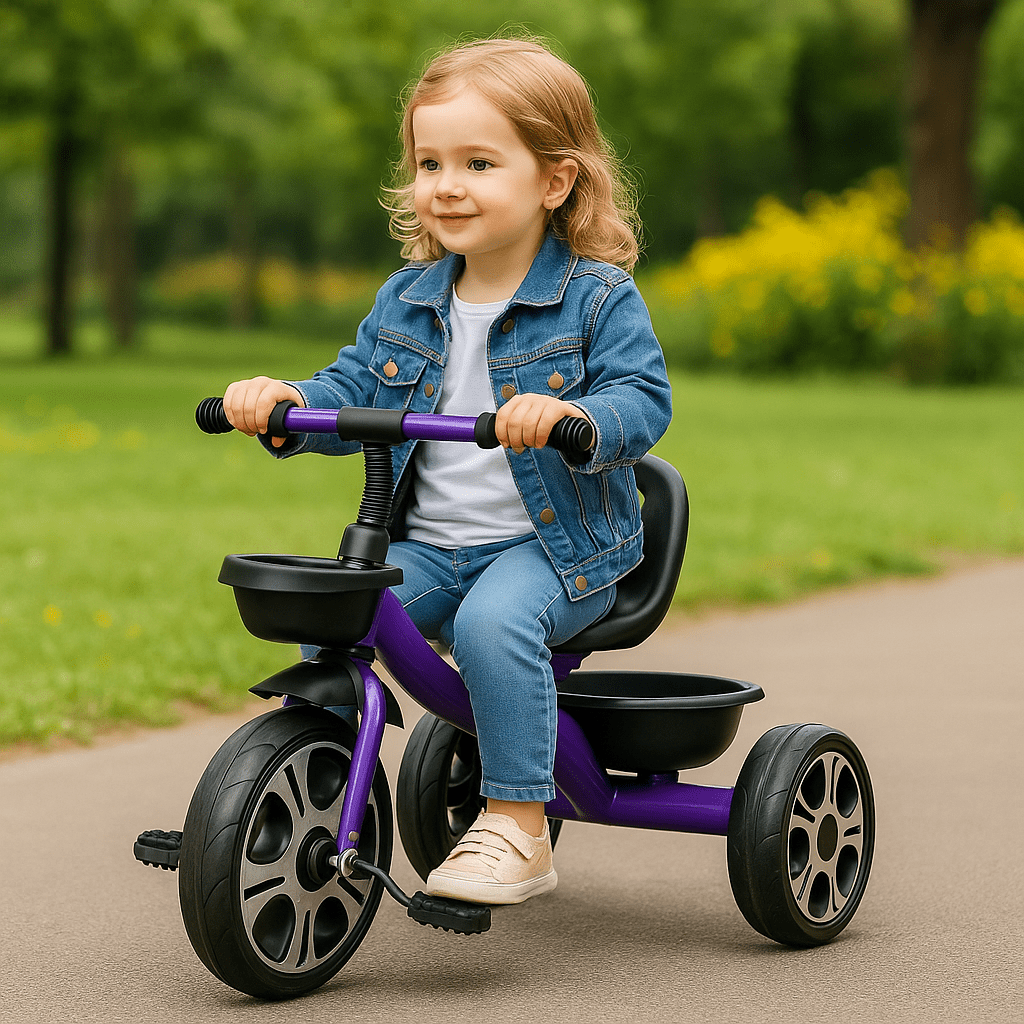Purple tricycle with black seat and front cup holder, child riding on road