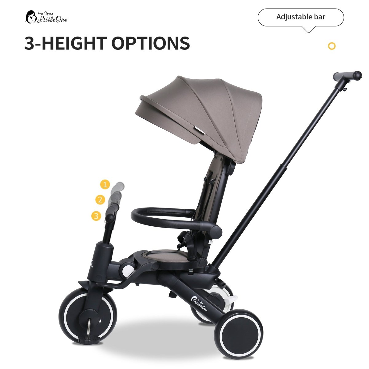 Side view of foldable 3-wheel trike, canopy and adjustable seat with 3 height options