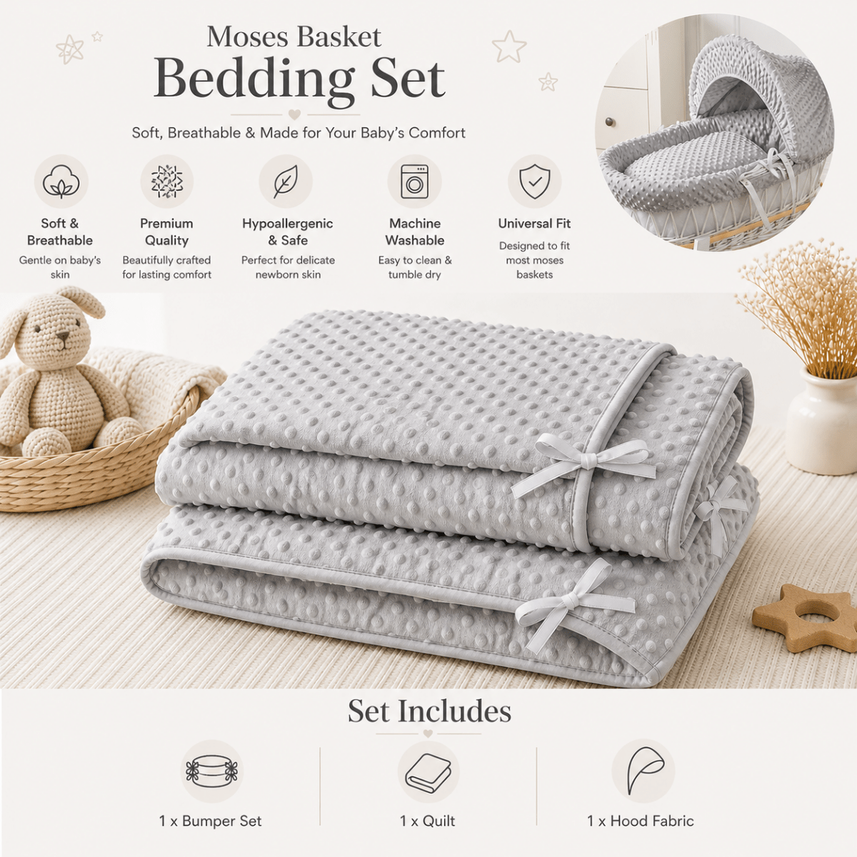 Grey dimple Moses basket bedding set, rolled quilt and hood fabric shown