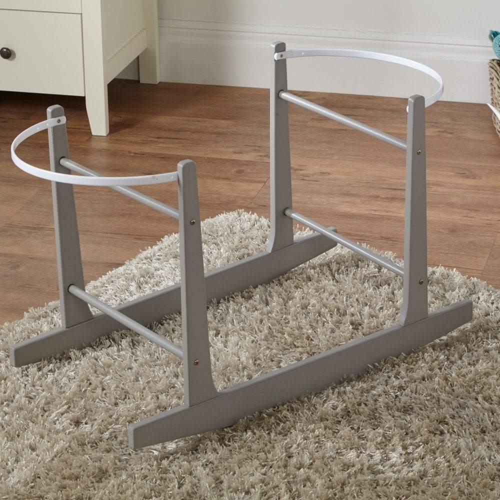 Grey Moses basket rocking stand in light grey frame with curved base