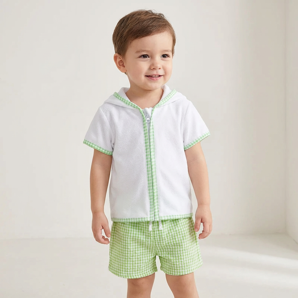 Boys Terry Towelling Hooded Summer Set – Lime Gingham Shorts (1–5 Years) *Preorder