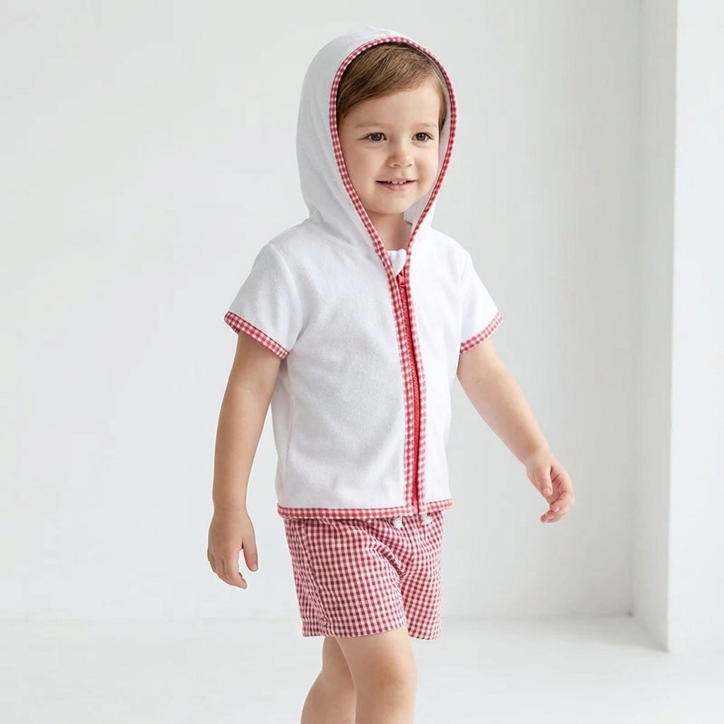 Boys Terry Towelling Hooded Summer Set – Red Gingham Shorts (1–5 Years) *Preorder