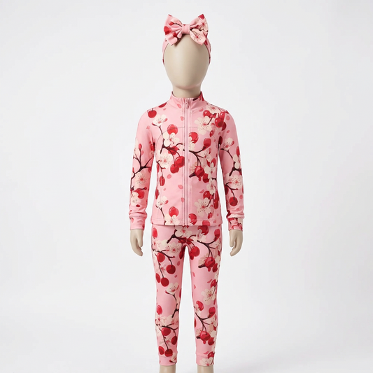 Pink cherry blossom two-piece set for girls from baby to 16 years. Preorder now – delivery due week commencing 16th March. Stylish and comfortable.