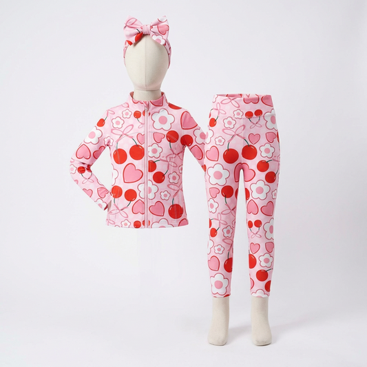 girls two-piece tracksuit with zip jacket, leggings and matching bow headband