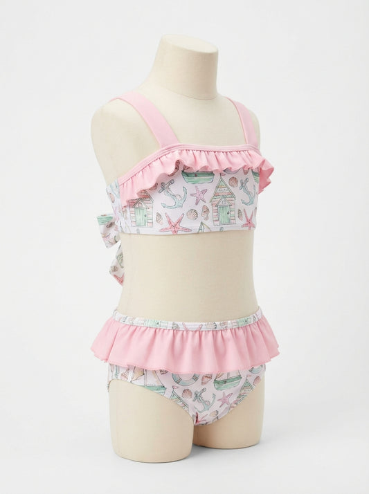 Girls sea-life print swimsuit with pink ruffle trim and bikini top