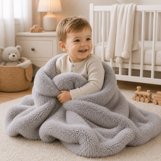Grey faux fur baby blanket wrapped around child on rug