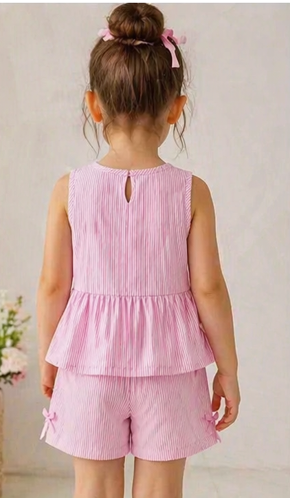Girls pink striped peplum top and shorts set, keyhole back detail