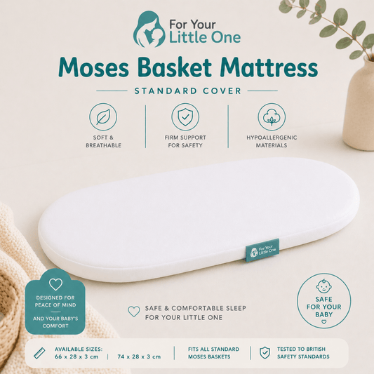 Moses basket mattress, white oval standard cover, 66 x 28 x 3 cm
