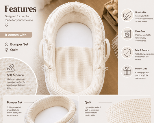 Moses basket bedding set with white inner cushion, matching straps and padded sides