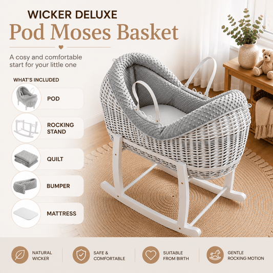 Wicker baby Moses basket with rocking stand and grey waffle pod bedding