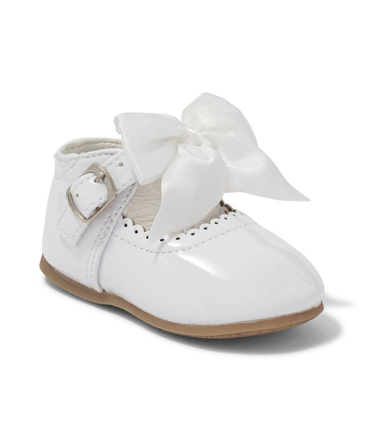 Girls White Patent Leather Hard Sole Bow Shoe