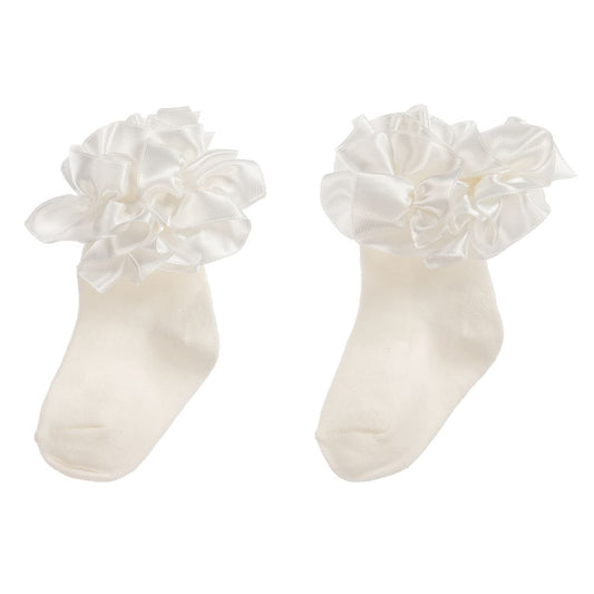 Caramelo Kids Ivory Ruffle Ribbon Ankle Socks