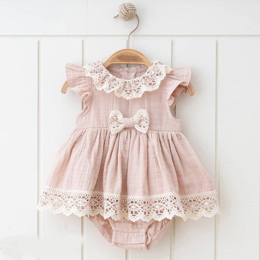 100% Cotton Muslin Natural Lace Dress Style Romper in Pink100% Cotton Muslin Natural Lace Dress Style Romper in Pink