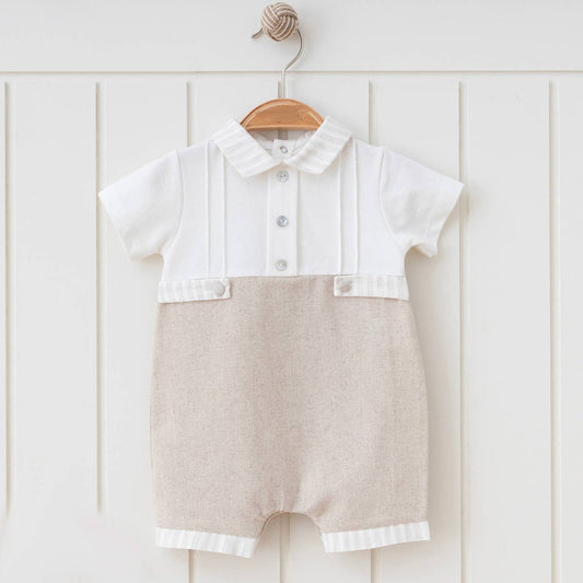Cotton and Linen Elegant Style Boy Striped Natural Romper