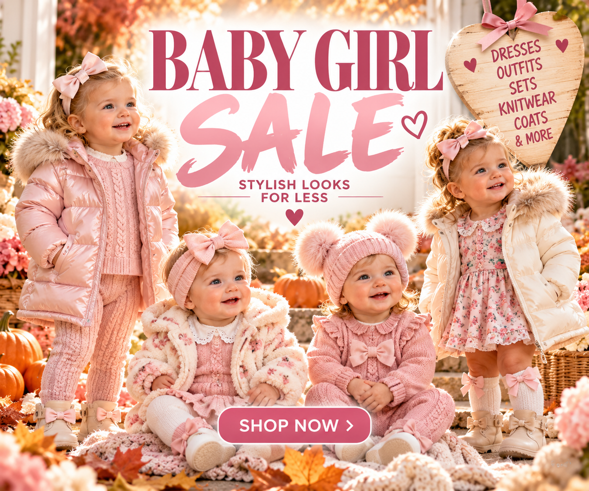 Baby girl clothing sale with discounted dresses, outfits and coats