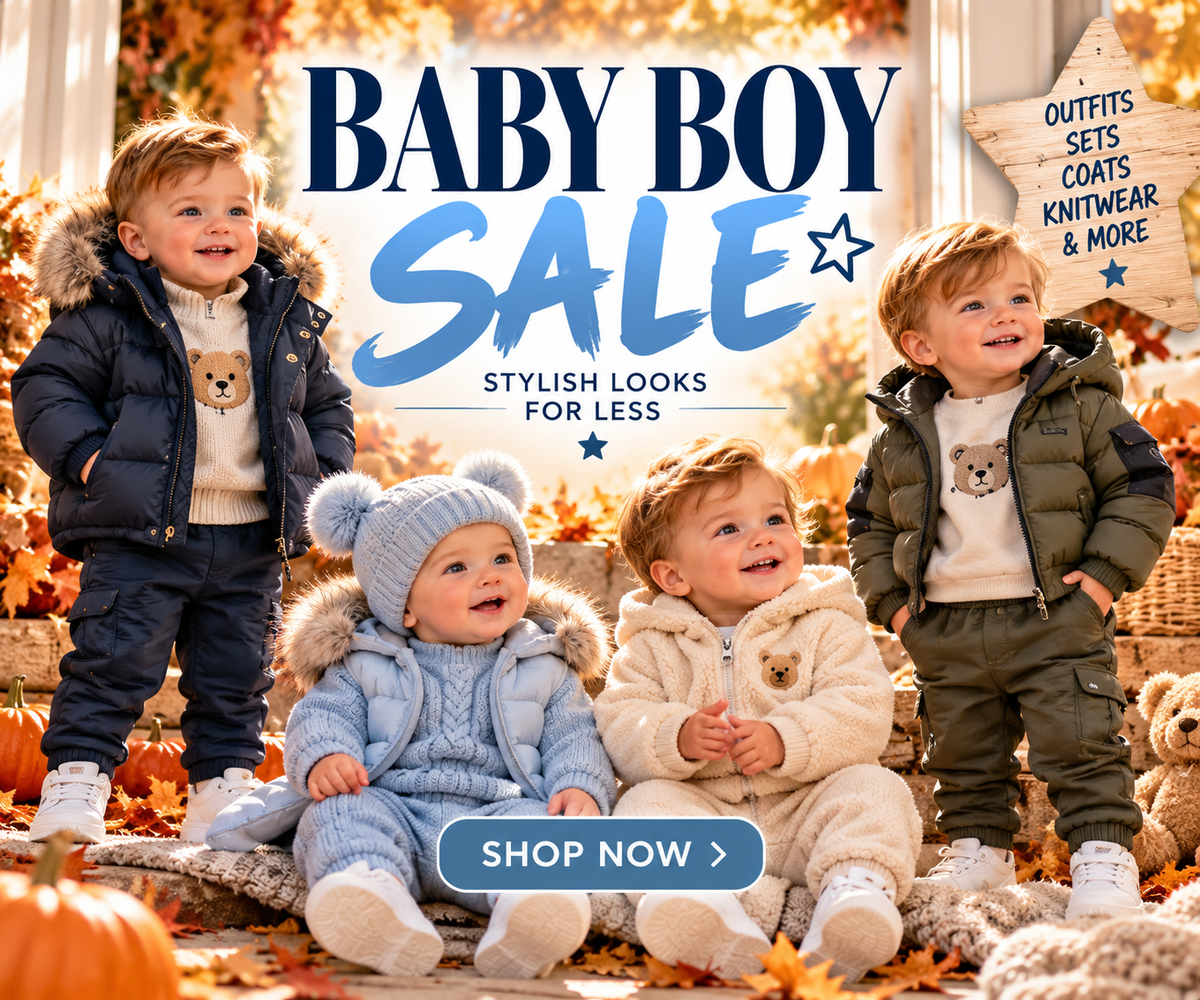Baby boy clothing sale with discounted outfits, sets and coats
