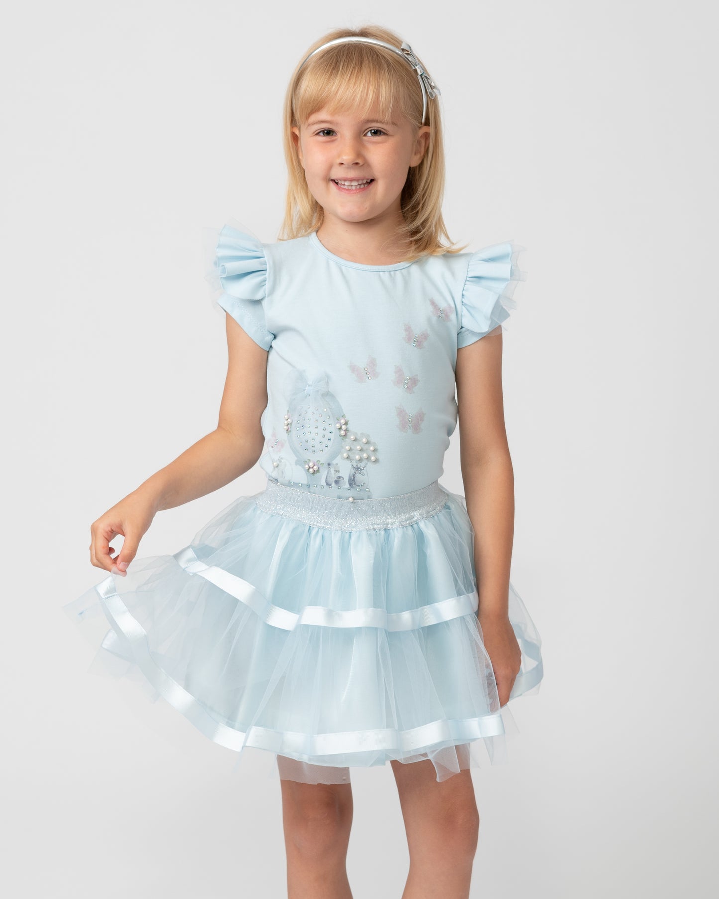 Caramelo Kids Girls Sky Blue Pearl Vanity Skirt Set