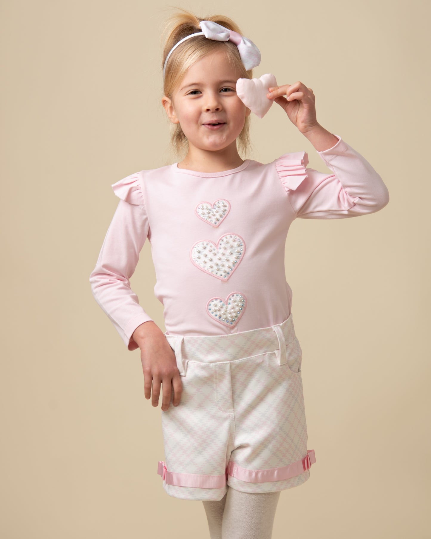 Caramelo Kids Girls Pink Trio Pearl Heart Short Set